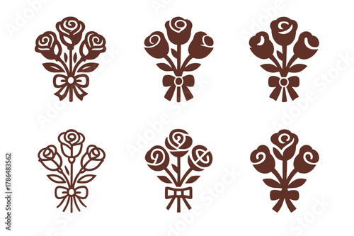 Valentine's Icon Set. Valentine?s Day celebrations and gifts. Set Logo of Valentine?s Day celebrations and gifts: bouquet of roses with ribbon. Icon set.