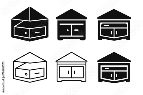 TV Stand Logos. A TV stand with storage for electronics and media. Set Logo of A TV stand with storage for electronics and media: corner TV stand