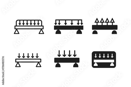 Structural Load Diagram Icons. Structural load diagram. Icon set. Set Logo of Structural load diagram: simply supported beam with uniform distributed load.