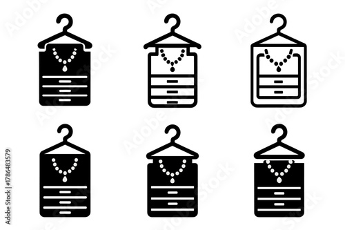 Jewelry Organizer Icons. Organizing jewelry in a drawer organizer. Icon set. Set Logo of Organizing jewelry in a drawer organizer: necklace hanger. harmonious