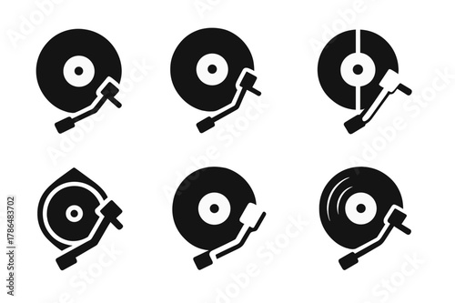 Music Fashion Emblems. Music and fashion. Icon set. Set Logo of Music and fashion: record needle cufflinks. harmonious logo variations of the same emblematic
