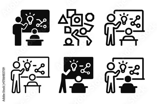 Creative Workspace Logos. Creative workspace setups that spark inspiration. Icon set. Set Logo of creative workspace setups that spark inspiration: whiteboard