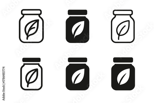 Eco-Friendly Logo Variations. Sustainable self-care products. Set Logo of Sustainable self-care products: reusable glass jar with leaf. Icon set. harmonious
