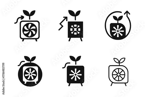 Climate Innovation Icons. Innovative solutions for climate change. Icon set. Set Logo of innovative solutions for climate change: electric heat pump.