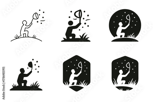 Firefly Logo Variations. Catching fireflies. Set Logo of catching fireflies: meadow at twilight with spark trails. Icon set. harmonious logo variations of the