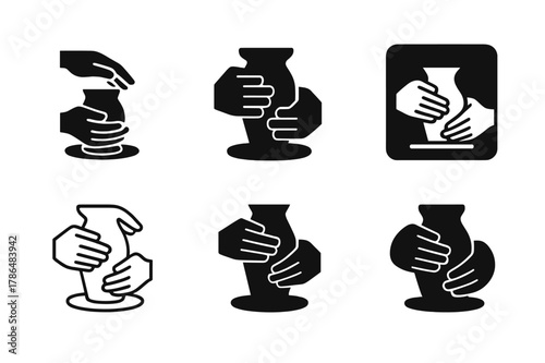 Collaborative Art Logos. Artists working together in a workshop. Set Logo of Artists working together in a workshop: pottery wheel with two hands. Icon set.