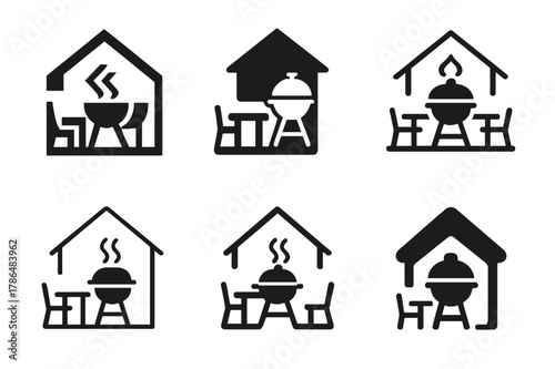 Outdoor Kitchen Icons. Home barbecues and outdoor kitchens. Icon set. Set Logo of home barbecues and outdoor kitchens: family table near outdoor grill area.