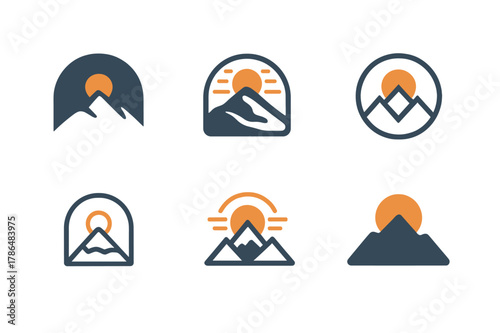 Mindfulness Logo Variations. Mindfulness and meditation. Set Logo of Mindfulness and meditation: calm mountain sunrise. Icon set. harmonious logo variations of