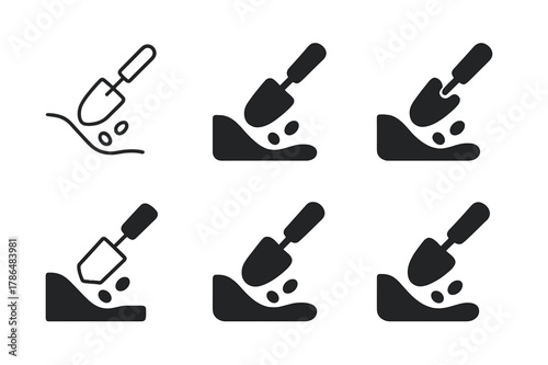 Planting Seeds Logos. Planting seeds. Icon set. Set Logo of Planting seeds: trowel creating planting furrow. harmonious logo variations of the same emblematic