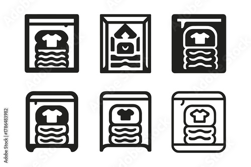 Vacuum-Sealed Storage Icons. Storing off-season clothes in vacuum-sealed bags. Icon set. Set Logo of storing off-season clothes in vacuum-sealed bags: labeled