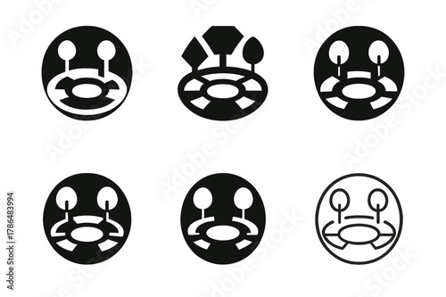 Park Architecture Logos. Architecture of public parks and green spaces. Icon set. Set Logo of architecture of public parks and green spaces: circular garden