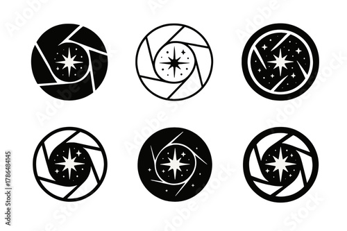Space Telescope Logos. space telescopes. Set Logo of space telescopes: deep-field starburst within aperture ring. Icon set. harmonious logo variations of the