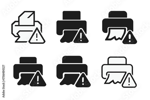Printer Error Icons. Fixing printer paper jam. Icon set. Set Logo of Fixing printer paper jam: printer error symbol. harmonious logo variations of the same