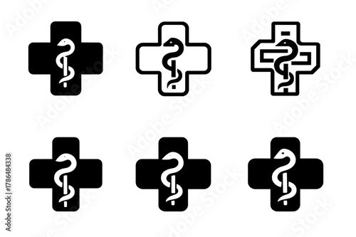 Medical Cross Variations. Medical cross symbol. Set Logo of Medical cross symbol: intertwined cross and serpent staff symbol. Icon set. harmonious logo