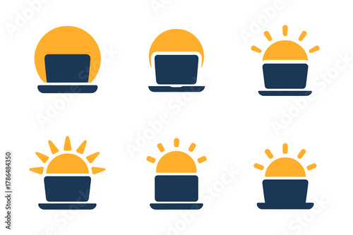 Flexible Work Logos. Flexible work schedules for parents. Icon set. Set Logo of Flexible work schedules for parents: sunrise over laptop. harmonious logo
