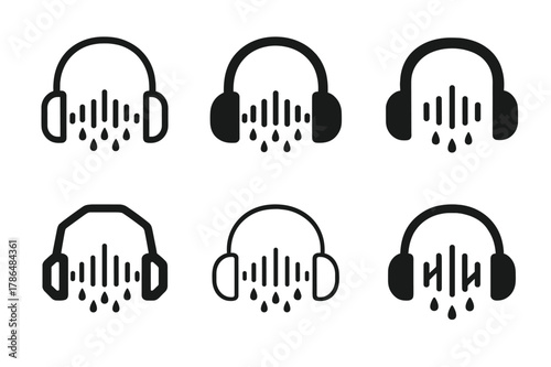 Rainy Mood Logos. Rainy mood illustration. Set Logo of Rainy mood illustration: headphones with rain sound wave. Icon set. harmonious logo variations of the