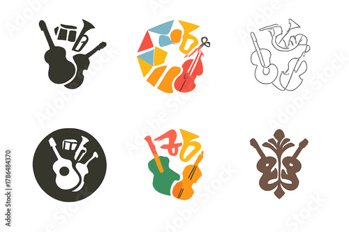 Diverse Musical Logos. Cultural diversity in art. Set Logo of ring of musical instruments: Filled silhouette, Abstract geometric, Minimal outline, Symmetrical