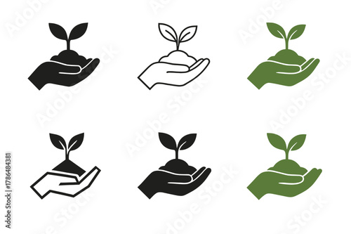 Diverse Organic Logos. Organic farming. Set Logo of organic farming: hands holding soil and sprout. Icon set. harmonious logo variations of the same emblematic