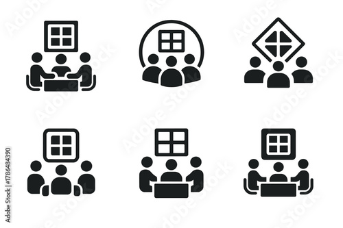Marketing Strategy Icons. Marketing team discussing campaign strategy. Icon set. Set Logo of Marketing team discussing campaign strategy: SWOT analysis grid.
