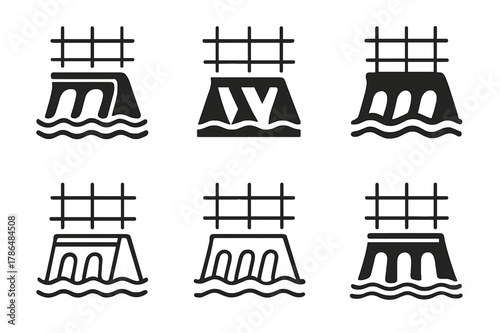 Renewable Energy Logos. renewable energy grids. Set Logo of renewable energy grids: hydro dam connected to grid lines. Icon set. harmonious logo variations of