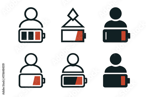 Remote Leadership Logos. Remote leadership challenges. Set Logo of remote leadership challenges: burnout battery gauge at red. Icon set. harmonious logo