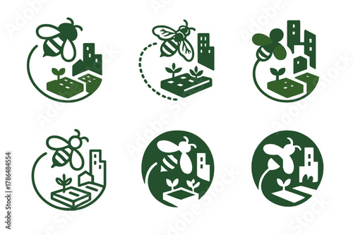 Suburban Beekeeping Logos. Suburban beekeeping with urban landscapes. Set Logo of Suburban beekeeping with urban landscapes: bee flight path looping through