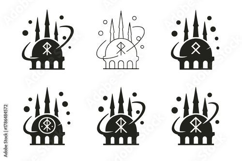 Mystical City Logos. A mystical city with towering spires and floating orbs of light. Set Logo of A mystical city with towering spires and floating orbs of