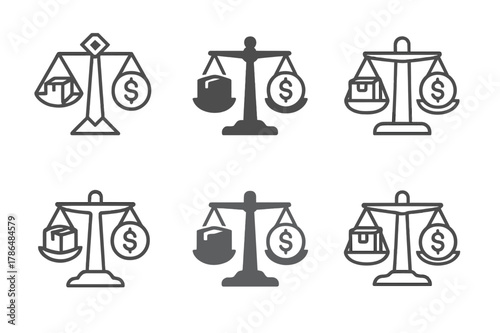 Tariff Negotiations Icons. tariff negotiations. Set Logo of tariff negotiations: balance scale with goods and currency. Icon set. harmonious logo variations of
