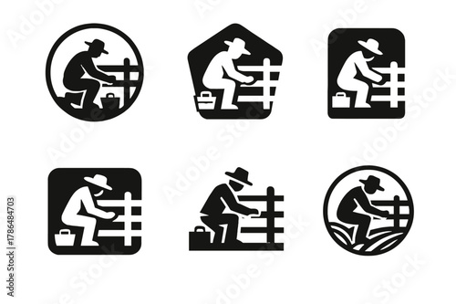 Farmer Fence Logos. A farmer repairing a wooden fence in a field. Set Logo of A farmer repairing a wooden fence in a field: farmer with toolbox by fence rail.