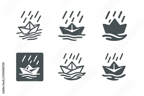 Paper Boat Logos. Rainy mood illustration. Set Logo of Rainy mood illustration: paper boat in gutter stream. Icon set. harmonious logo variations of the same
