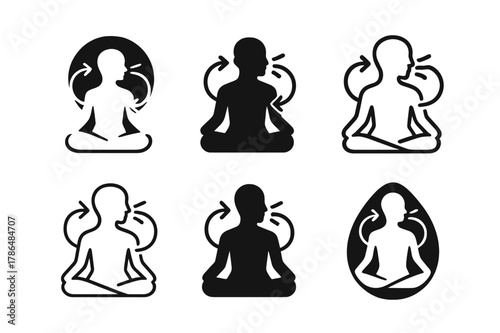 Mindfulness Logo Variations. A person practicing mindfulness and breathing exercises for self-improvement. Set Logo of A person practicing mindfulness and