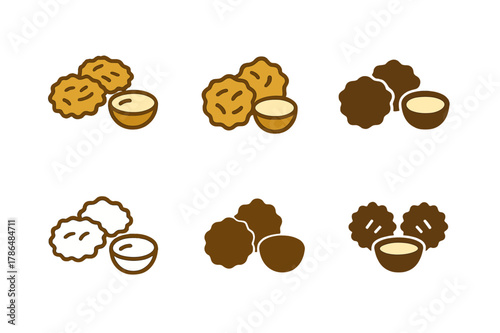 Hanukkah Latkes Logos. Hanukkah celebrations with menorahs and candles. Set Logo of latkes plate: crispy potato pancakes with dip. Icon set. harmonious logo