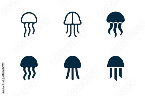 Underwater Icon Set. Underwater exploration and marine life. Icon set. Set Logo of Underwater exploration and marine life: jellyfish bell. harmonious logo