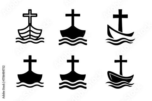 Ecumenical Logo Variations. The history of Christian ecumenical movements. Icon set. Set Logo of ecumenism: boat with cross mast on waves. harmonious logo