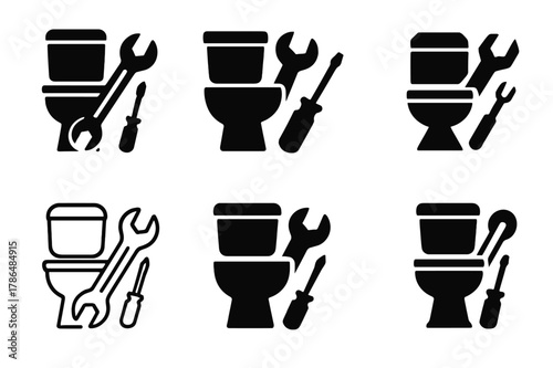Toilet Installation Icons. Toilet installation guide. Icon set. Set Logo of toilet installation guide: installation toolkit. harmonious logo variations of the