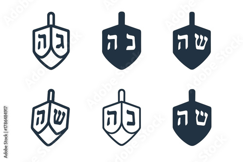 Hanukkah Dreidel Logos. Hanukkah celebrations with menorahs and candles. Set Logo of dreidel: spinning top with Hebrew letters. Icon set. harmonious logo