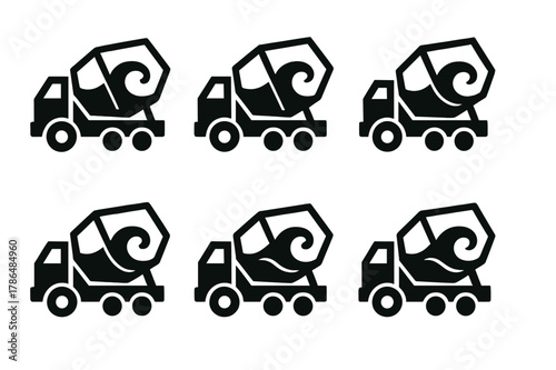 Concrete Mixer Logos. Concrete truck drivers delivering materials to sites. Set Logo of rotating mixer drum with concrete wave: Symmetrical form, Flat solid,