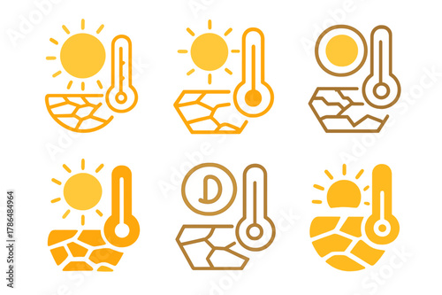 Climate Change Logos. Climate change effects. Set Logo of Climate change effects: sun and thermometer over scorched earth. Icon set. harmonious logo variations
