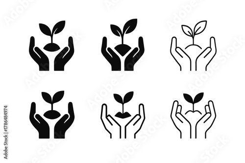Volunteering Logo Variations. Volunteering. Set Logo of Volunteering: hands planting a tree. Icon set. harmonious logo variations of the same emblematic