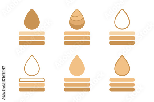 Logo Design Variations. Beauty blender and foundation. Set Logo of shade swatches: gradient stripes with drop icon. Icon set. harmonious logo variations of the