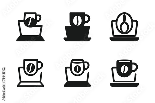 Coffee Work Logos. Drinking coffee while working. Icon set. Set Logo of drinking coffee while working: coffee bean and laptop merged into emblem. harmonious