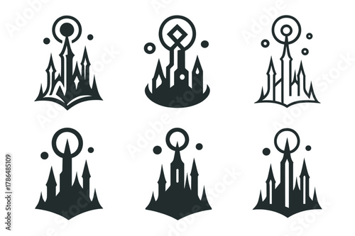 Mystical City Logos. A mystical city with towering spires and floating orbs of light. Set Logo of A mystical city with towering spires and floating orbs of