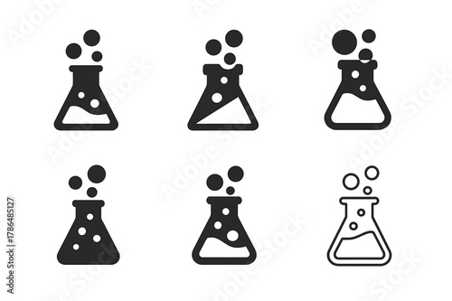 Zero Gravity Icons. Zero gravity experiments. Icon set. Set Logo of zero gravity experiments: liquid globules floating near a beaker. harmonious logo