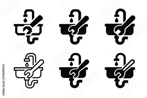 Kitchen Faucet Icon Set. Fixing a leaky faucet in the kitchen. Icon set. Set Logo of Fixing a leaky faucet in the kitchen: sink and pipe system. harmonious
