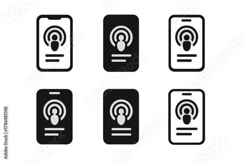 Podcast Logo Grid. The rise of podcasts and their cultural impact. Set Logo of smartphone with episode queue: Negative space, Filled silhouette, Minimal