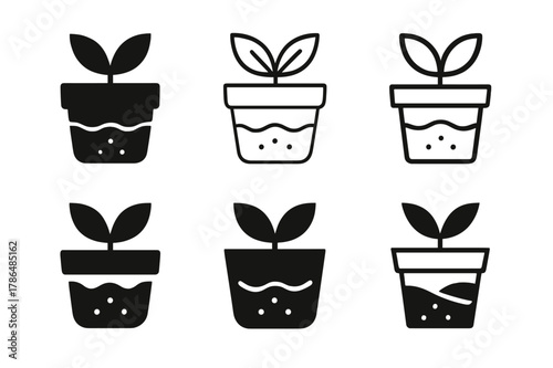 Plant Pot Logos. Plant pot. Icon set. Set Logo of plant pot: self-watering pot with reservoir. harmonious logo variations of the same emblematic concept, each