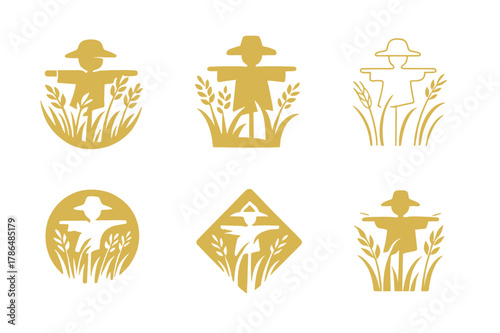 Wheat Logo Variations. A field of golden wheat swaying in the breeze. Set Logo of a field of golden wheat swaying in the breeze: scarecrow amid waving stalks.