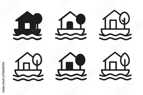 Floating Community Logos. Floating neighborhoods. Set Logo of floating neighborhoods: community garden barge. Icon set. harmonious logo variations of the same