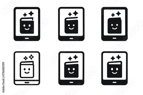 Literacy Logos Collection. Childhood literacy programs. Set Logo of childhood literacy programs: tablet showing a friendly book icon with progress stars. Icon