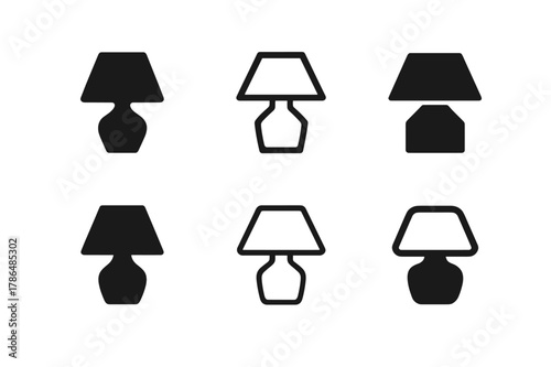 Sleep Essentials Logos. Sleep essentials. Set Logo of Sleep essentials: nightstand lamp with shade. Icon set. harmonious logo variations of the same emblematic